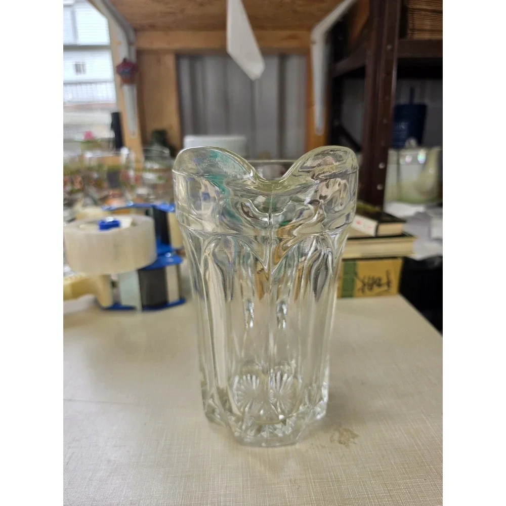 Vintage Clear Pressed Glass Pitcher Paneled Starburst Base Heavy Juice Water Jug